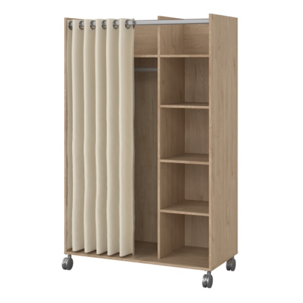 Jackson Hickory Oak Uppsala Open Movable Wardrobe Unit with Beige Textile Curtains and Wheels